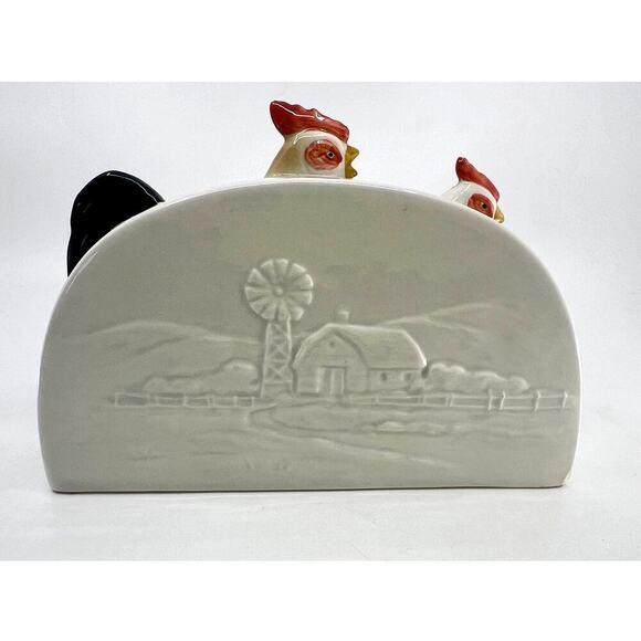 Vintage Otagiri ROOSTER CHICKENS FARM SCENE Napkin Holder JAPAN 1950's - Picture 4 of 7